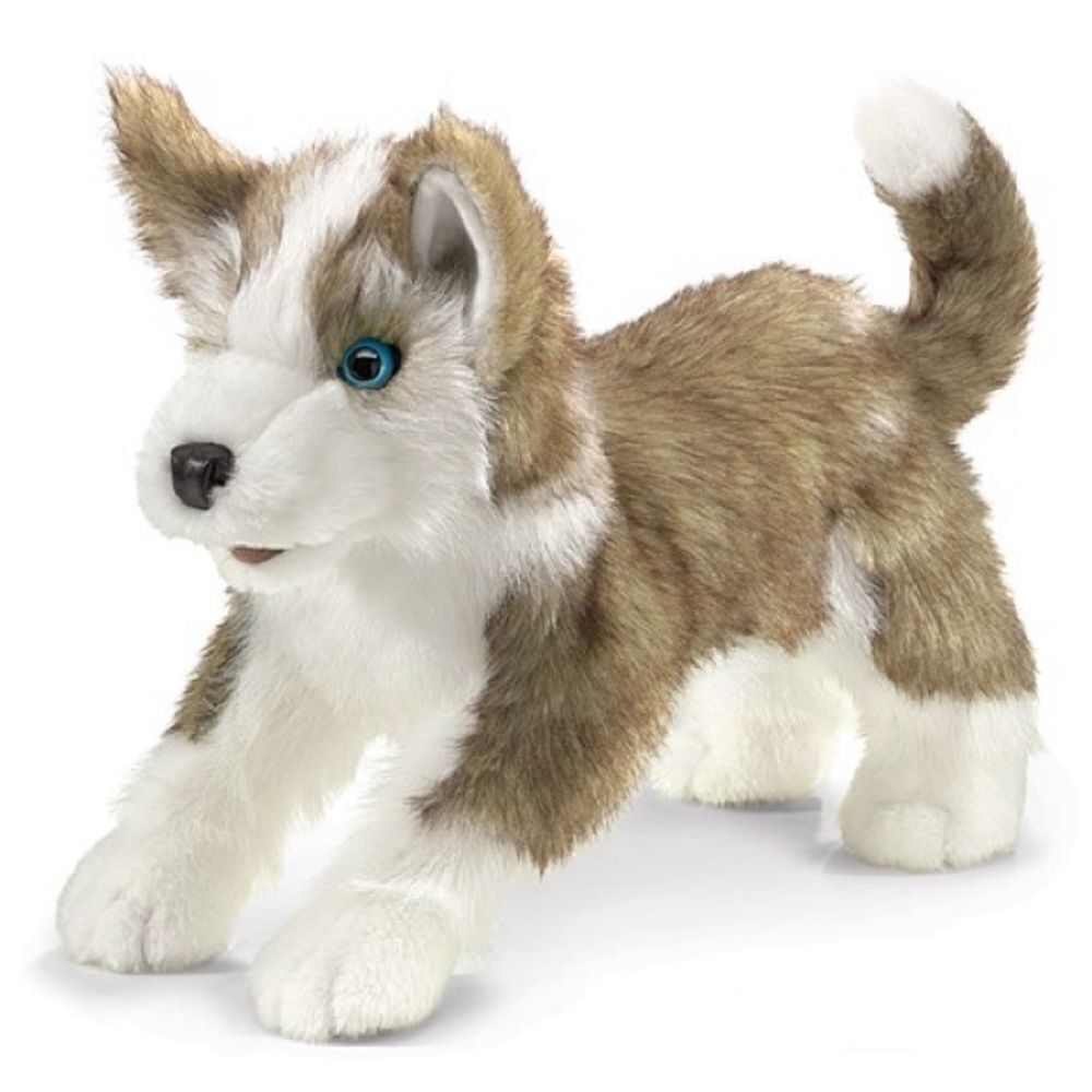 NWT Folkmanis Wolf Pup Gray & White Hand Puppet Plush Blue Eyes